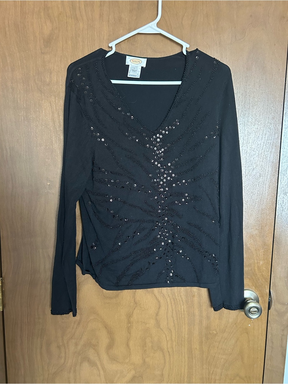 Talbots Black Long-Sleeve V-Neck Sequin Accent Top